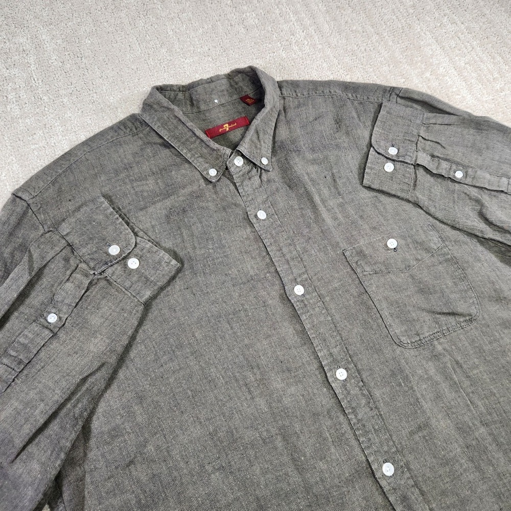 7 For All Mankind Shirt Mens XL Slim Fit 100% Linen Green Button Down Pleated
